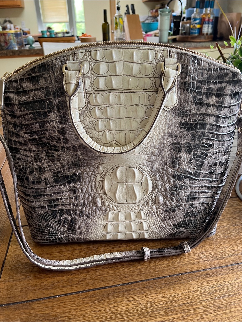 Brahmin Croc-Embossed Satchel in Cream and Gray - Picture 3 of 4